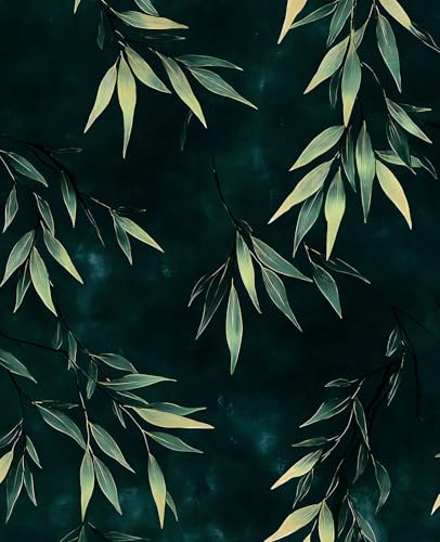 Dark Green Gold Bamboo Leaves Peel and Stick Wallpaper 17.5" x 118" | Self-Adhesive, Removable Waterproof Contact Paper for Bedroom, Bathroom, Cabinets, Accent Wall, Laundry Room - color: Teal Green/Gold, size: 17.5" x 118"