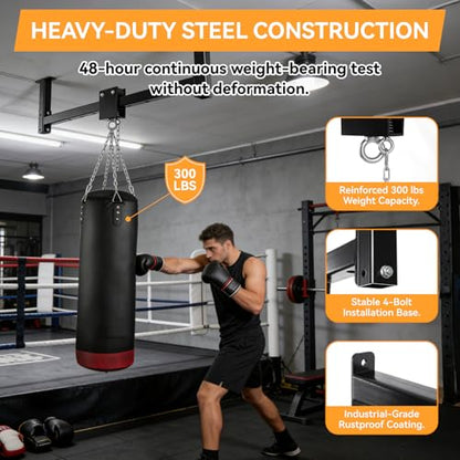 Heavy Bag Hanger Wall Ceiling Mount with Roller System, 300 LB Capacity Adjustable Punching Bag Hanger, Sliding Bracket for Boxing, Kickboxing, MMA Training