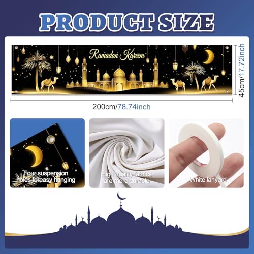 BlissYard Ramadan Decorations Banner Eid Mubarak Kareem Islamic Decor Long Mosque Moon Star Home Party Backdrop Reusable Polyester Wall Hanging 78x17 Inch Muslim Holiday Display