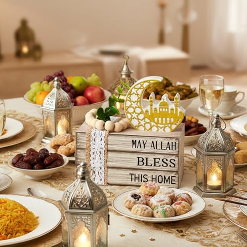 Eid Mubarak Decorations for Home Ramadan Decorations Wood Ramadan Mubarak Table Sign Golden Moon Eid Tiered Tray Sign for Islamic Muslim Table Indoor Shelf Office Gifts - style: Eid Mubarak