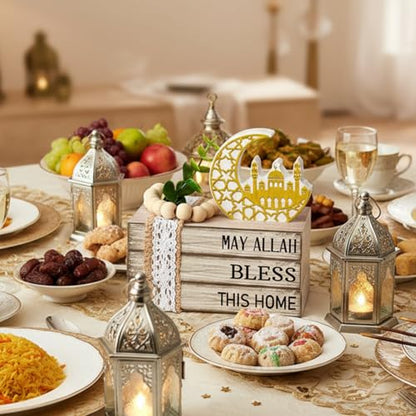 Eid Mubarak Decorations for Home Ramadan Decorations Wood Ramadan Mubarak Table Sign Golden Moon Eid Tiered Tray Sign for Islamic Muslim Table Indoor Shelf Office Gifts - style: Eid Mubarak