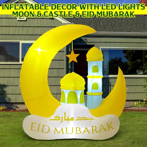 RoundFunny Ramadan Inflatable Outdoor Decorations Muslim Yard Decor with LED Lights Eid Mubarak Inflatables Islamic Blow Moon Castle for Celebrate Fasting Introspection Prayer