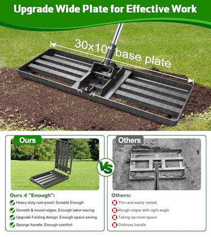 Lawn Leveling Rake 30x10, 6.2FT Heavy Duty Yard Leveler for Dirt & Soil | 30x10" Mn Steel Plate Levels Dirt, Soil & Sand, Stainless Adjustable Long Handle , Garden & Golf Course Leveling