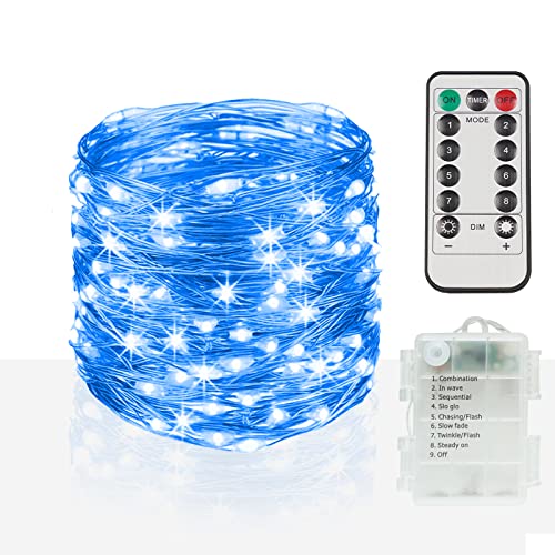 suddus 33ft 100 LED Outdoor String Lights, Blue Fairy Lights Battery Operated with Remote, Led Twinkle Lights for Bedroom, Backyard, Wedding, Tree, Mason Jar, Wall, Centerpiece, Christmas - color: Blue, size: 100LED