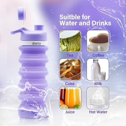 ONTA Collapsible BPA Free Silicone Water Bottle, 20oz - Portable, Leakproof, Easy Clean, Shatter Resistant, Travel Friendly - color: Purple, size: 18.6 Ounces