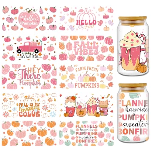 Rngmsi Fall UV DTF Stickers - 10 Sheets Pink Autumn UV DTF Cup Wraps for 16 oz Glass, Pumpkin Car Maple Leaf Drinking Rub on Transfer Stickers, Waterproof Uvdtf Decals for Water Bottle DIY Fall Crafts - style: Fall Pumpkin