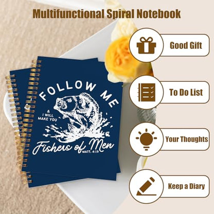 WUCHJ Dark Blue Retro Fish Christian Notebook, Matthew 4:19 Bible Verse Journal, Religious Scripture Spiral Notebook Journal for Note Taking, Christian Faith Based Gifts for Women Men, 5.5x8.3 Inch - color: dark blue fish follow me