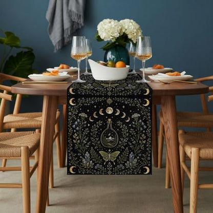 Whimsical Lunar Table Runner Butterfly Floral Moonphases Quartzcrystals Black Kitchen Table Runner for Dining Room Home Party Decor 13x36 Inch - size: 13"W x 36"L (Pack of 1)