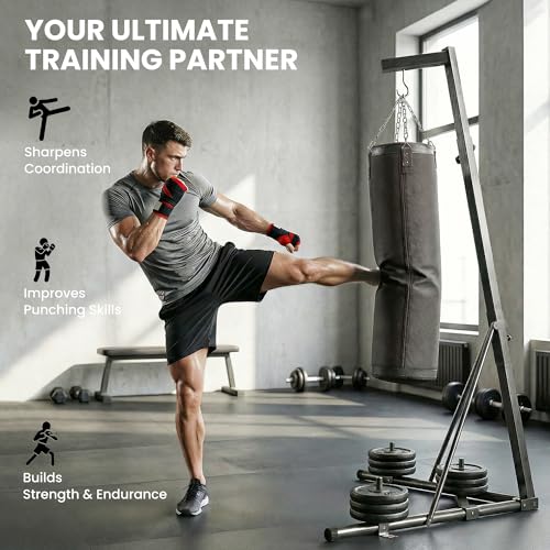 Soozier Punching Bag with Stand for Adults, 72.8"-90.9" Height Adjustable Freestanding Boxing Stand with Canvas Sandbag, Stable Triangular Base and 1" Weight Plate Storage for Home Gym MMA - color: Black