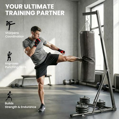 Soozier Punching Bag with Stand for Adults, 72.8"-90.9" Height Adjustable Freestanding Boxing Stand with Canvas Sandbag, Stable Triangular Base and 1" Weight Plate Storage for Home Gym MMA - color: Black