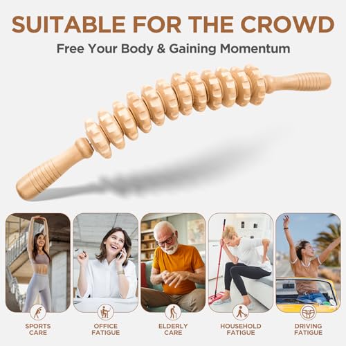 Wooden Cellulite Massage Roller for Legs and Thighs - Handheld Fascia Blaster Tool for Muscle Relief, Lymphatic Drainage & Body Sculpting - Anti Cellulite Massager for Women and Men (12 Wheel) - color: Wooden Bend