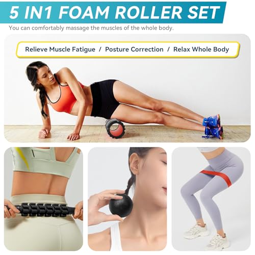 Krightlink 5 in1 Foam Roller Set, High Density Deep Tissue Massager for Muscle Massage, Massage Roller, Massage Ball, Resistance Band for Whole Body Physical Therapy Deep Muscle Massage (Purple) - color: Violet