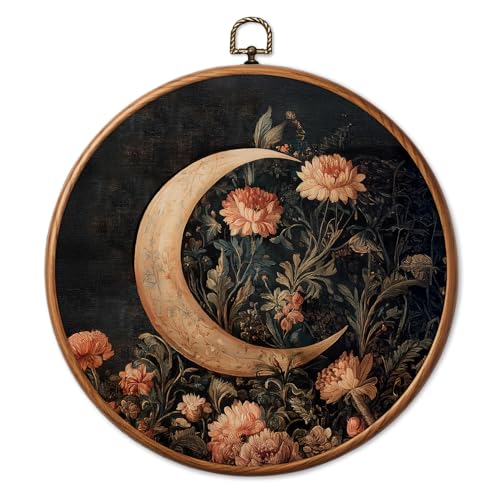 Chicimln Vintage Floral Moon Round Wall Art, Dark Cottagecore Botanical Flower Framed Canvas Prints, Gothic Witchy Lunar Wildflower Circle Wall Hanging Decor for Home Bedroom Living Room 10x10 Inch - color: Boho Sun 06