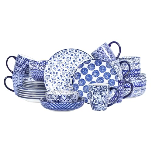 Selamica 30-Pieces Ceramic Dinnerware Sets for 6, Scratch Resistant Plates and Bowls Sets, Microwave and Dishwasher Safe, Vintage Blue A - color: Vintage Blue A, size: 30 Pieces