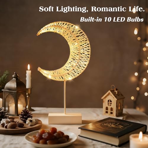 Lewondr Ramadan Decorations Moon Table Lamp, Moon Shape Rattan Ramadan Desk Lamp Battery Powered Light, Winding Thread LED Crescent Light for Home Bedroom Bedside Desktop Eid Mubarak Decorations - style: Warm White Moon