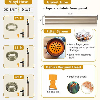 hygger Bucket-Free Aquarium Water Change Kit Metal Faucet Connector Fish Tank Vacuum Siphon Gravel Cleaner with Long Hose 49FT Drain & Fill - size: 49 Foot(Pack of 1)