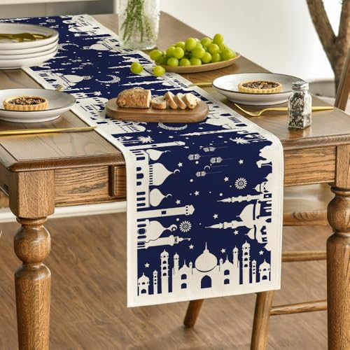 Artoid Mode Blue Silhouette Castle Camel Ramadan Table Runner, Seasonal Kitchen Dining Table Decoration for Home Party Decor 13x72 Inch