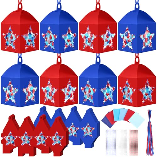 Maitys 16 Sets 4th of July Patriotic Hanging Paper Lantern Craft Kit, 250th Anniversary Red Blue DIY Lantern Ornaments with Stars Design for Independence Day Home Party Decorations - style: Patriotic Star