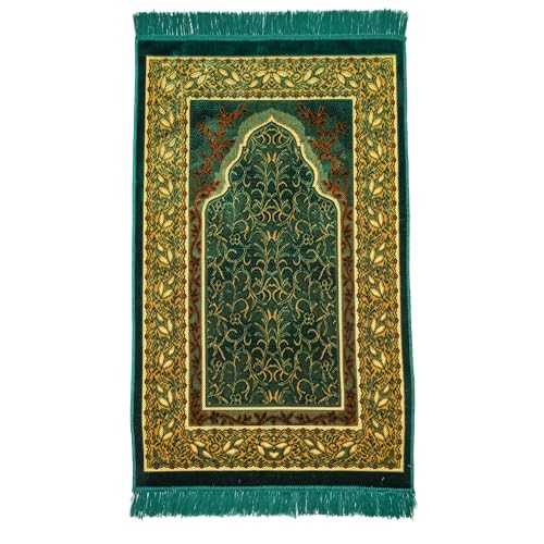 Muslim Prayer Rug, Soft Plush Thin Islamic Prayer Mat, Janamaz, Sajada, Praying Carpet, Islamic Gift, Foldable Portable Turkish Prayer Mat for Men&Women, Lightweight Travel Prayer Rug, 26"x43" - color: Jeddah / Darkgreen