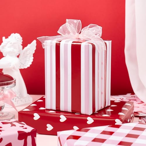RUSPEPA Valentine's Day Wrapping Paper Sheets, Red and Pink Heart, Bow, Stripe and Plaid Design, Romantic Gift Wrap for Girls, Birthday, Anniversary, Bridal Shower, 6 Folded Sheets, 19.68 X 27.5 Inch - color: Romantic Design