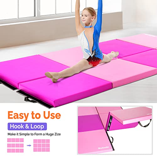 Matladin 8' Folding Gymnastics Gym Exercise Aerobics Mat, 8ft x 2ft x 2in PU Leather Tumbling Mats with Hook & Loop Fastener for Stretching Yoga Cheerleading Martial Arts - color: Purple&Pink