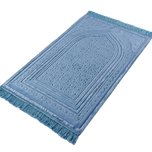 Modefa Luxury Velvet Prayer Rug with Prayer Beads | Soft Elegant Muslim Turkish Janamaz Sajada Carpet for Men and Women | Plain Solid Prayer Mat Ramadan Eid Gift - Najma (Najma Steel Blue) - color: Najma Steel Blue