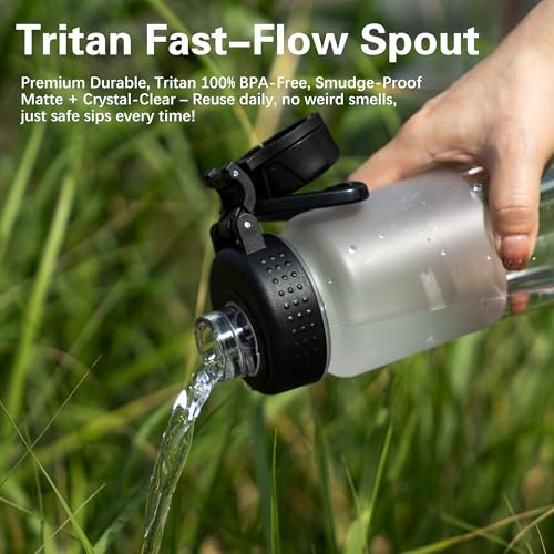 OLDLEY 32 oz Water Bottle with Handle, BPA-Free Tritan Reusable Sports Water Bottle with Leak-Proof Dust Lid, Wide Mouth, Cup Holder Friendly, Half Frosted Clear Bottle for Gym, Travel, Work,Clear - color: Clear