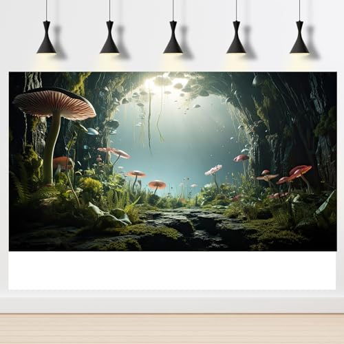 Aquarium Background Foggy Stone Mushroom Moss Aquarium Backdrop Mysterious Green Plants Cave Scenery Aquarium Background Durable Reptile Habitat Terrarium Background Tank Backdrop Vinyl 24x12in - color: Brown_Green, size: 24(W)x12(H)inches/ 60(W)*30cm(H)