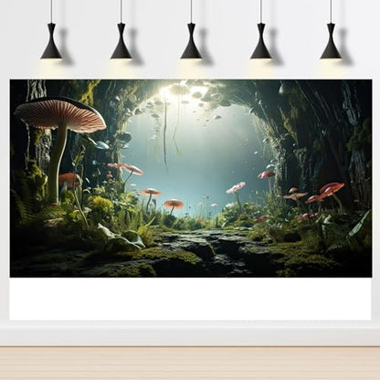 Aquarium Background Foggy Stone Mushroom Moss Aquarium Backdrop Mysterious Green Plants Cave Scenery Aquarium Background Durable Reptile Habitat Terrarium Background Tank Backdrop Vinyl 24x12in - color: Brown_Green, size: 24(W)x12(H)inches/ 60(W)*30cm(H)