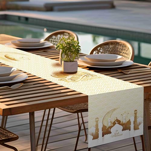 Ramadan Mubarak Table Runner Table Decorations - Frelisiy White and Gold Moon Eid Ramadan Mubarak Happy Ramadan Mubarak 2024 Party Supplies Decorations, Size 13.8x71 inches - size: White02 Ramadan Mubarak