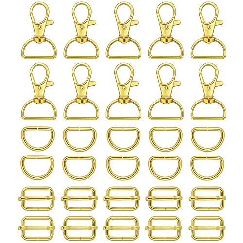 WAFJAMF Metal Snap Hook Ring Bulk 30 Pcs, Swivel Clasp Buckle and Non-Welded D Ring 10 Pcs, Adjustable Rectangular Buckle (3/4' Inside Width - Gold) - color: Gold, size: 3/4” Inside Width