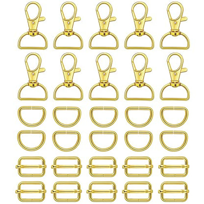 WAFJAMF Metal Snap Hook Ring Bulk 30 Pcs, Swivel Clasp Buckle and Non-Welded D Ring 10 Pcs, Adjustable Rectangular Buckle (3/4' Inside Width - Gold) - color: Gold, size: 3/4” Inside Width