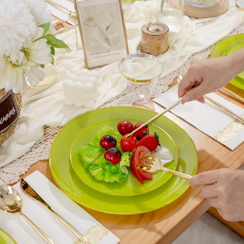 MirthMood 210pcs Green Plastic Plates,Disposable Green Gold Party Plates,Include 30 Dinner,Dessert Plate,30 Cup&30 Napkins, 90 Gold Silverware for St Patrick's Day & Wedding & Birthday（grape green） - color: Grape Green, size: 210