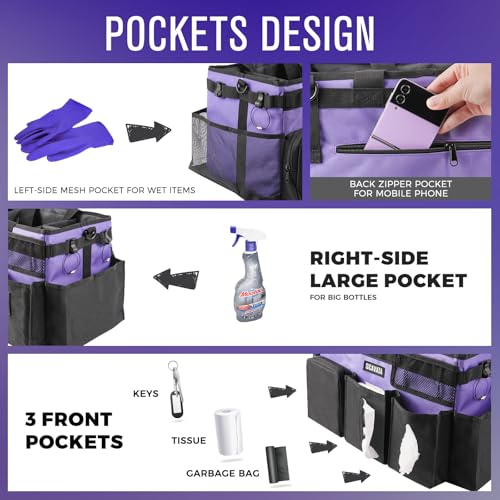 SCAVATA Wearable Cleaning Caddy Bag, Cleaning Caddy Supplies Organizer with Handle & Shoulder Straps for Housekeepers, Under Sink & Car Cleaning Tool Organizers with 4 Foldable Divider (Purple) - color: Purple