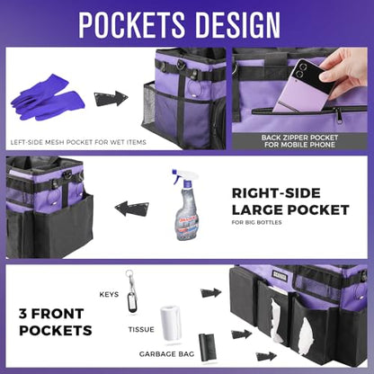 SCAVATA Wearable Cleaning Caddy Bag, Cleaning Caddy Supplies Organizer with Handle & Shoulder Straps for Housekeepers, Under Sink & Car Cleaning Tool Organizers with 4 Foldable Divider (Purple) - color: Purple
