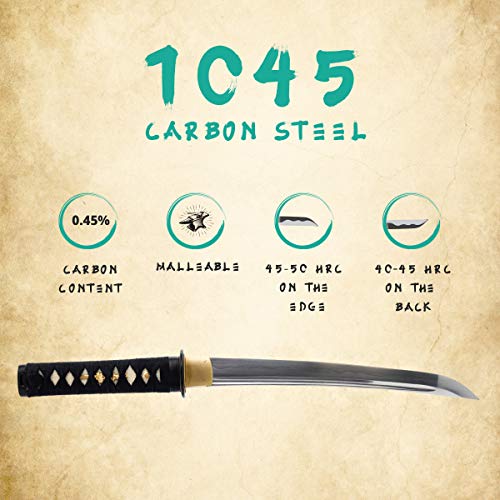 Hand Forged 1045 Carbon Steel Musashi Crest Tanto Full Tang Sword | hand-sharpened for tameshigiri, wavy temper, bo-hi groove, openwork guard, rayskin grip