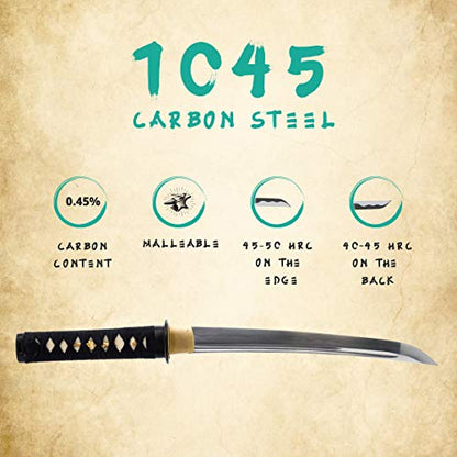 Hand Forged 1045 Carbon Steel Musashi Crest Tanto Full Tang Sword | hand-sharpened for tameshigiri, wavy temper, bo-hi groove, openwork guard, rayskin grip