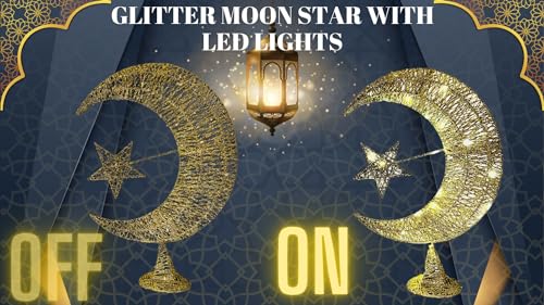Eid Moon Star Table Lamp & Balloons Set - Metal Glitter-Clad LED Light, Battery-Powered 14" Festive Bedside/Desktop Décor + 12 Eid Mubarak Balloons (Gold Eid Gift) - color: Gold