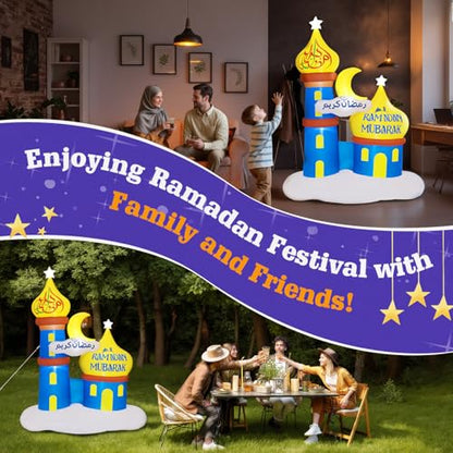 Lewondr 6.04FT Outdoor Inflatable Moon Decorations, Waterproof Inflatable Eid Mubarak Decor, Blow Up Muslim Holy Ramadan Celebration Decor with LED Lights, Outdoor Muslim Holidays Inflatables for Yard - style: Moon and Mosque