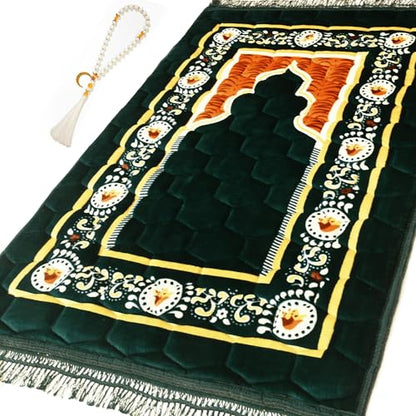 Prayer Rug Muslim Mat Islamic - Padded Very Thick Prayer Rug Sajadah for Men Women with Islam Prayer Beads, Soft and Luxury (31.5" x 47.2", Green) - color: Green