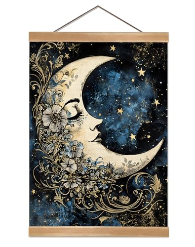 ZTGDA Moon Wall Art Decor– Vintage Hanging Wall Painting Abstract Poster with Solid Wood Frame, Boho Wall Decor,Mystical Celestial Floral Poster for Bedroom, Office(Moon) - color: Moon