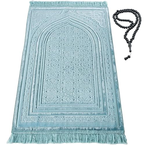 Modefa Luxury Velvet Prayer Rug with Prayer Beads | Soft Elegant Muslim Turkish Janamaz Sajada Carpet for Men and Women | Plain Solid Prayer Mat Ramadan Eid Gift - Najma (Blue) - color: Najma Turquoise Blue