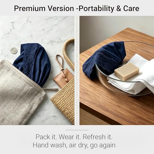 ZLYC Hijab Cap for Muslim Women Soft Stretchy Open-Back Underscarf Hat Breathable Inner Hijab Undercap - color: Lace Navy