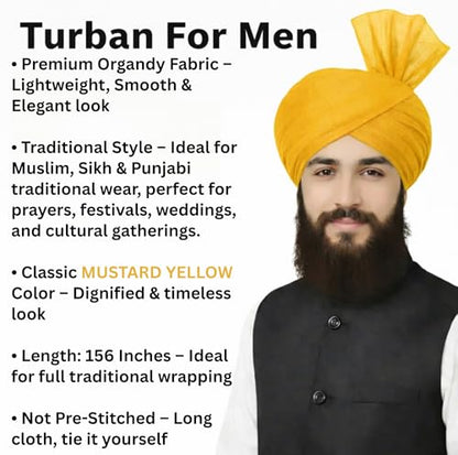 Turban For Men (156 Inches) Long Cloth – Muslim, Sikh, Punjabi Headwrap | For Prayer, Festivals & Special Occasions - color: Mustard Yellow