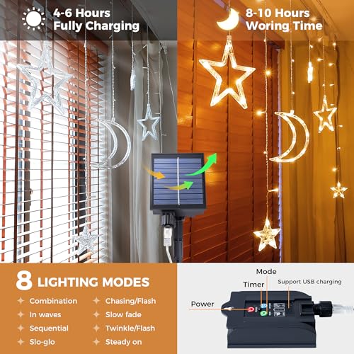 Ramadan Solar Icicle Lights,10.8ft 138 LED Outdoor Waterproof Moons Stars Curtain Window String with 8 Modes Timer Remote,USB Rechargeable Connectable Warm White Hanging Decor for Patio