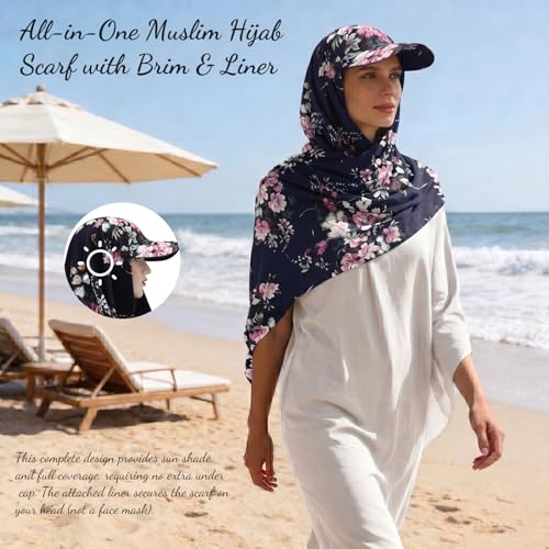 ZLYC Women Muslim Hijab Scarf with Visor Built-in Undercap Sun Protection Headwrap - color: Floral Navy