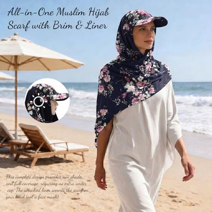 ZLYC Women Muslim Hijab Scarf with Visor Built-in Undercap Sun Protection Headwrap - color: Floral Navy