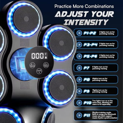 Music Boxing Machine with Gloves, Wall Mounted Punching Trainer with LED Light Up Targets, Bluetooth Rhythm Reaction Training Pad, 11 Modes & 9 Speeds for Adults & Kids Home Fitness & Stress Relief