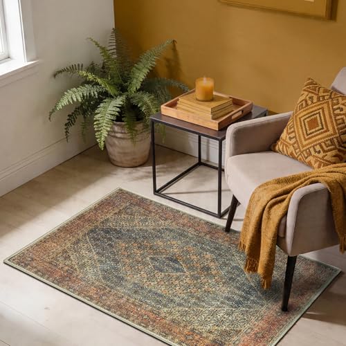 Keen Home Design Vintage Washable Entryway Rug, Non-Slip Low Pile, 2x3 - color: Blue/Brown, size: 2' x 3' (Rectangular)