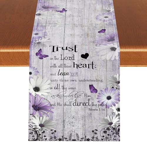 Daisy Table Runner, Purple Farmhouse Retro Daisy Floral Wooden Plank Butterfly Rustic Holiday Kitchen Dining Table Decoration for Home Party Outdoor Indoor Decor 13x36 inches - color: Tr-daisy03, size: 13x36" Table Runner